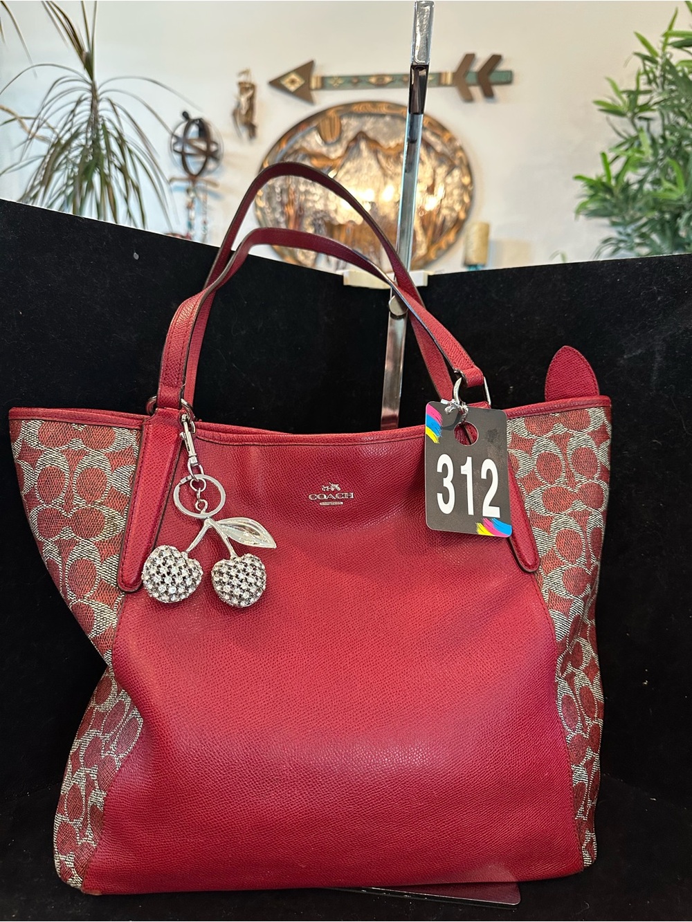 Coach #312 Bailey Saffiano Red Signature Canvas & Leather Tote with Cherry Charm